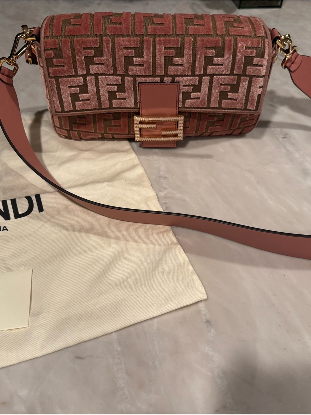 Fendi Rose Pink Velvet Baguette Shoulder Bag with FF Monogram